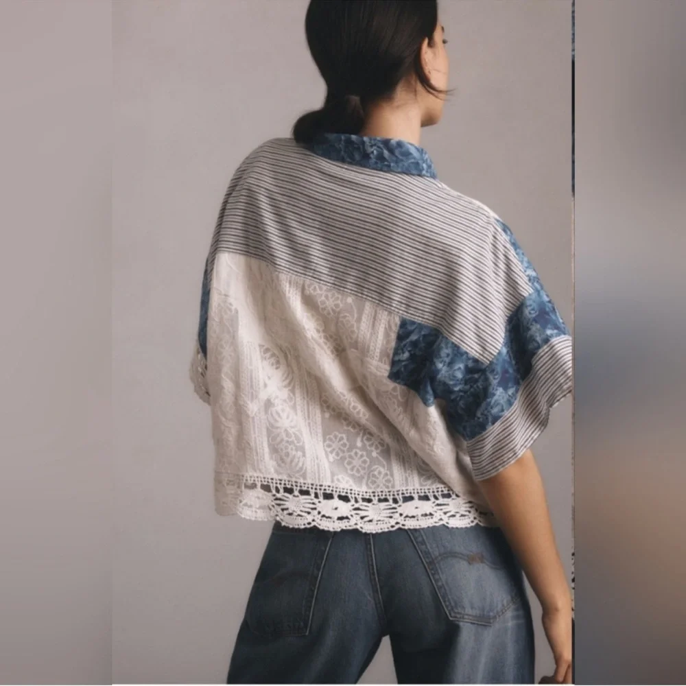 Pilcro by Anthropologie Patchwork Cabana Shirt Size Large Blue White Button Down - Picture 2 of 8